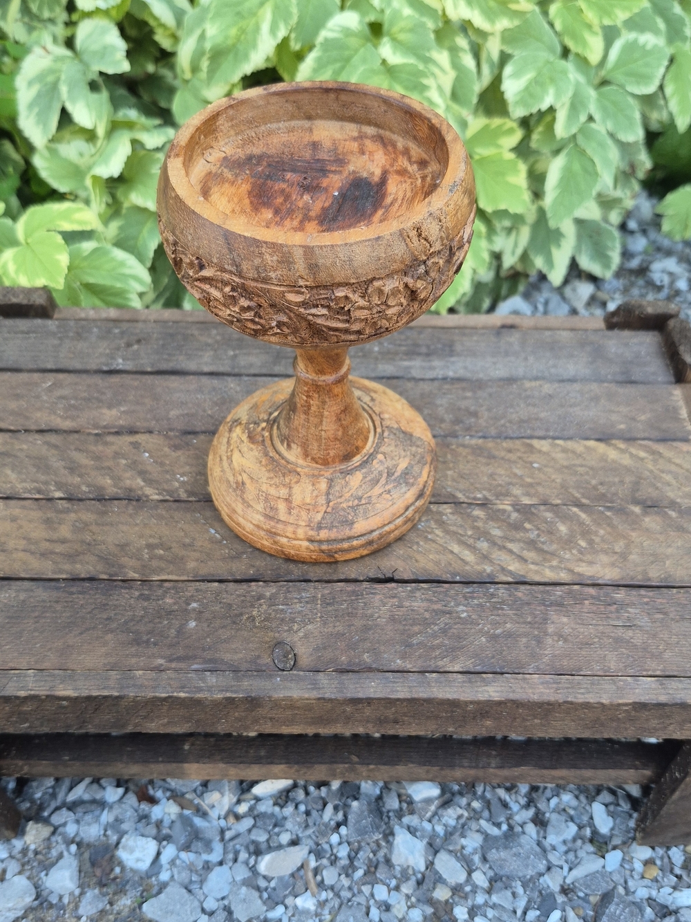Vintage Hand Carved Wooden Pillar Candle Holder Stand | Rustic Boho Floral - Picture 3 of 13